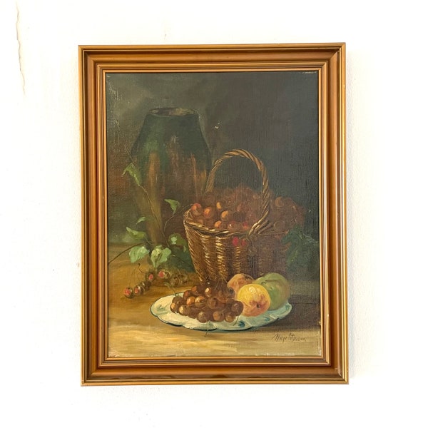 Superbe nature morte vintage des années 1930, peinture à l'huile originale avec motif de fruits et vase en céramique dans un cadre sombre peint par Hugo Petersen