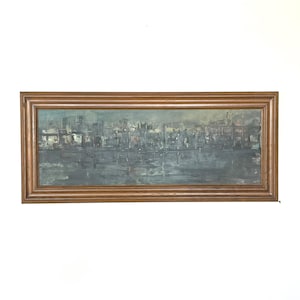 Vintage abstract oil painting from Denmark signed KH with motive of harbour front in evening light