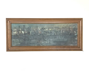 Abstract oil painting from Denmark signed KH with motive of harbour front in evening light