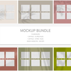 6-er Blanko Papier Mockup-Set 4x3 | Website-Templates | Beige, Taupe, Rosa, Apfelgrün, Olivgrün | Pflanzenchatten und Lichtstrahlen JPG PNG