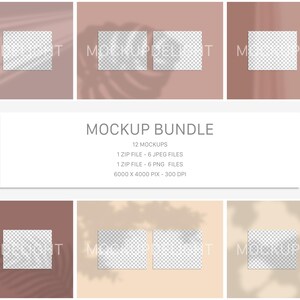 Mockup bundle 2 cartes format paysage 5x4 maquette papier avec ombres et rayons de soleil tons mauve vieux rose beige tons crème pastel JPG PNG