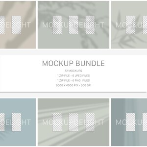 Elegantes 1x2 Mockup Bundle: Natur inspiriertes Design 3 weiße Karten auf Beige, Creme, blau-grün mit Sonnenstrahlen und Schatten JPG PNG