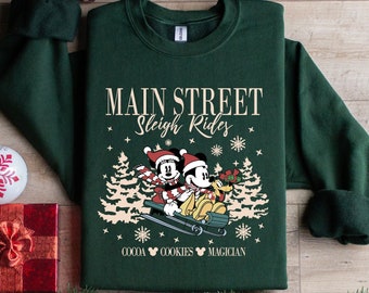 Retro Mickey Minnie Main Street Sleigh Rides Sweatshirts, Disney Christmas Sweatshirt, Mickey Christmas Shirt, Disney Christmas Party Shirt