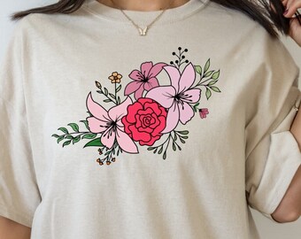 Blumen-Herz-Shirt, Wildblumen-T-Shirt, Wildblumen-Shirt, Blumen-T-Shirt, Blumen-Shirt, Geschenk für Frauen, Damen-Shirts, beste Freundin Geschenk