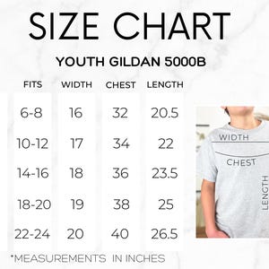 May include: A size chart for a Youth Gildan 5000B t-shirt, displaying columns for size, fit, width, chest, and length in inches. The chart lists sizes XS through XL with corresponding measurements and includes a diagram of a grey t-shirt.