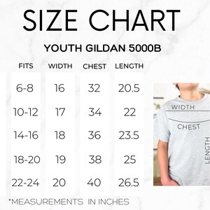 May include: A size chart for a Youth Gildan 5000B t-shirt, displaying columns for size, fit, width, chest, and length in inches. The chart lists sizes XS through XL with corresponding measurements and includes a diagram of a grey t-shirt.