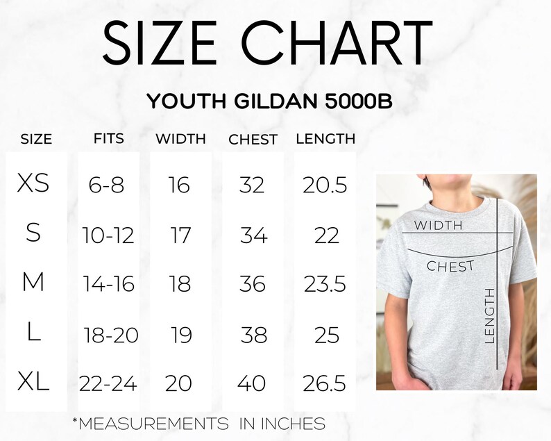 May include: A size chart for a Youth Gildan 5000B t-shirt, displaying columns for size, fit, width, chest, and length in inches. The chart lists sizes XS through XL with corresponding measurements and includes a diagram of a grey t-shirt.