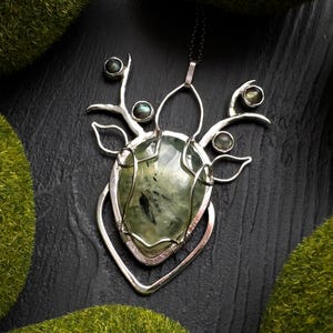 Prehnite Deer Pendant: Sterling Silver Antler Necklace with Labradorite