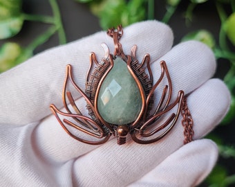 Aquamarine 'Lotus' Wire Wrapped Pendant | Solid Copper Wire Wrap Crystal Flower Necklace | Unique Handmade Gift Jewelry