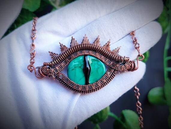 Dragon Eye Copper Wire Wrapped Necklace Handmade Glass Lampwork