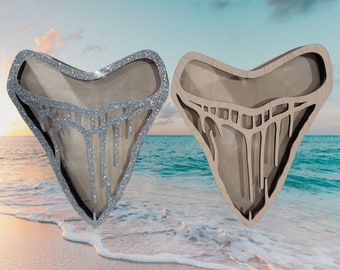 MEGALODON Shark tooth shadow box SMALL Wall hanger! Shark teeth Display! Sparkle silver or wood front!