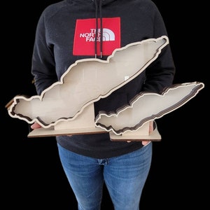 May include: A wooden cutout of Lake Champlain, a large lake on the border of New York, Vermont, and Quebec, Canada. The cutout is made of light wood with a dark brown outline. The cutout is held by a person wearing a black sweatshirt with a red "The North Face" logo.