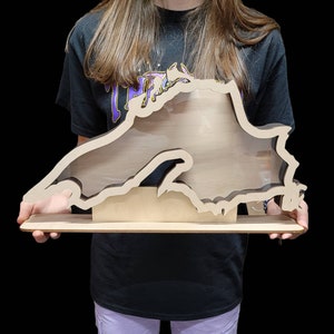 May include: A wooden cutout of the state of Michigan, with a clear acrylic insert. The cutout is on a wooden base and is being held by a person.