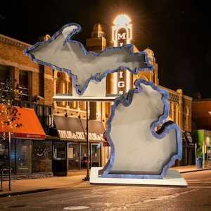 May include: A wooden sculpture of the state of Michigan, with a blue and purple outline, stands on a white base. The sculpture is displayed on a city street at night, with a theater in the background.