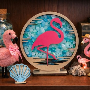 Flamingo Sea Glass Shadow box: Shark Teeth | Seashells
