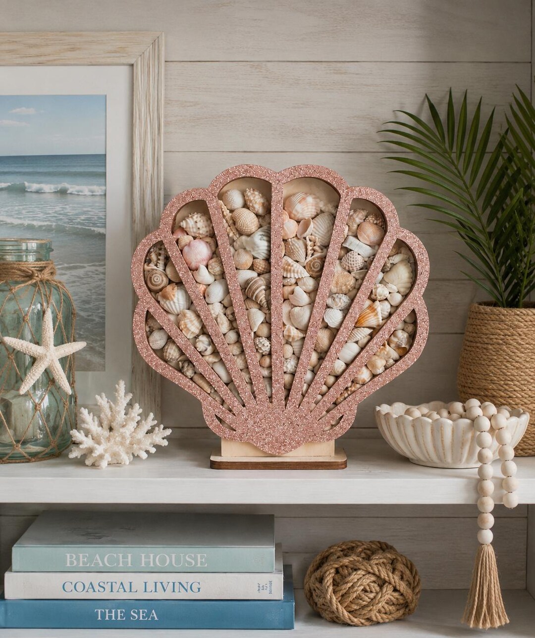 Shellnea Shell Sea Glass Shadow Box | Rose Gold Glitter Coastal Display - Etsy