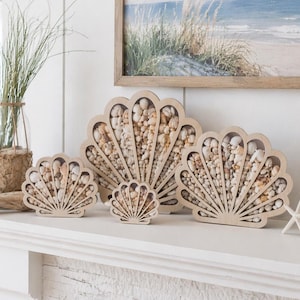May include: A set of four light-colored wooden shell-shaped display frames of varying sizes, each featuring a clear front panel filled with a collection of small, natural-toned seashells in shades of white, beige, and tan, arranged upright.