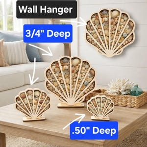 May include: Wooden seashell wall hangings and tabletop decor filled with various seashells. The wall hanger is 3/4" deep, and the tabletop decor is .50" deep. The natural wood frames and shell fillings create a coastal theme.
