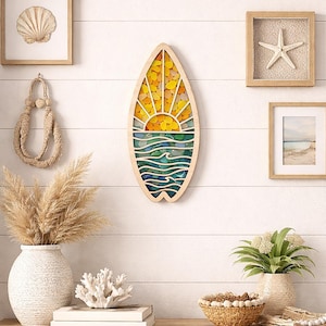 Surfboard Sea Glass Shadow Box: 12" Wall hanger | Shark tooth Display | Shell keeper