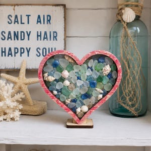 Heart Sea Glass Shadow Box *Pink/Red Seashell Shadowbox Coastal decor display