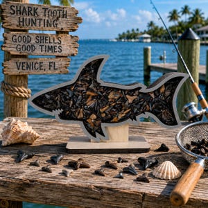 May include: A shark-shaped display case filled with numerous dark shark teeth, mounted on a wooden base. Behind it, a weathered wooden sign reads SHARK TOOTH HUNTING, GOOD SHELLS GOOD TIMES, and VENICE, FL. Seashells and a metal sifter are nearby.
