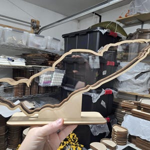 May include: A wooden cutout of a lake, with a clear acrylic insert, is displayed on a wooden base. The cutout is a detailed representation of the lake's shoreline.