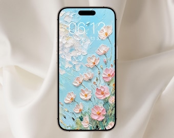 Fondo de pantalla floral rosa impresionista para teléfono, fondo de pantalla de pintura al óleo, fondo de pantalla para iPhone, fondo de pantalla floral de primavera para teléfono, jardín de primavera, flores