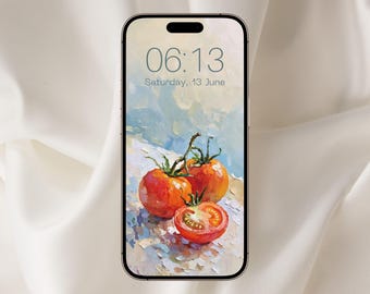 Fondo de pantalla impresionista para teléfono con 3 tomates, fondo de pantalla de pintura al óleo, fondo de pantalla para iPhone, primavera, verano, bodegones, impresionismo