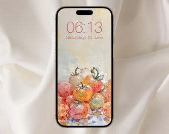 Fondo de pantalla de tomates impresionistas para teléfono, fondo de pantalla de pintura al óleo, fondo de pantalla de iPhone, primavera, verano, pintura de bodegones, impresionismo