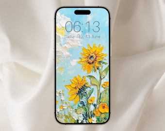 Fondo de pantalla de girasol floral impresionista para teléfono, fondo de pantalla de pintura al óleo, fondo de pantalla de iPhone, fondo de pantalla floral de primavera, jardín de primavera, flores