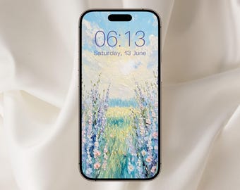 Fondo de pantalla de campo de lavanda impresionista para teléfono, fondo de pantalla de pintura al óleo, fondo de pantalla de iPhone, fondo de pantalla floral de primavera para teléfono, flores