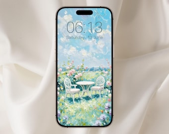 Fondo de pantalla de sillas de jardín impresionistas para teléfono, fondo de pantalla de pintura al óleo, fondo de pantalla de iPhone, fondo de pantalla floral de primavera para teléfono, jardín de primavera, flores