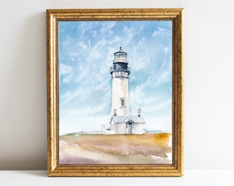 Lighthouse Watercolor Print Lighthouse Wall Decor Yaquina Head Coastal Art Nautical Art Beach House Art by Eugenia Ciotola