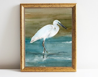 Great White Egret Watercolor Print Bird Art Giclée Fine Art Print Coastal Art Egret Artwork Shore Bird Art by Eugenia Ciotola