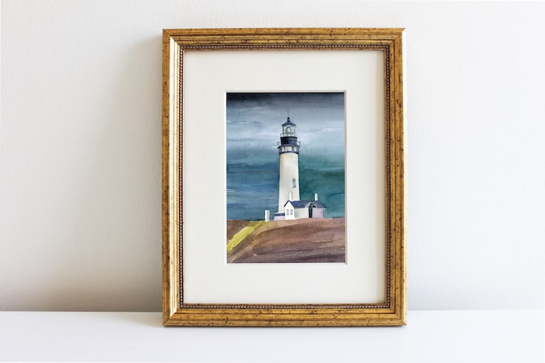 Lighthouse Watercolor Print Lighthouse Wall Art Yaquina Head Coastal