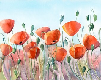 Poppies Watercolor Fine Art Print Poppies Painting California Poppy Wall Art Red Flowers by Eugenia Ciotola