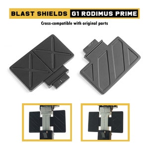 May include: Two black plastic blast shields for a toy robot. The shields are designed to be compatible with original parts. The shields are shown attached to the robot in the bottom two images.