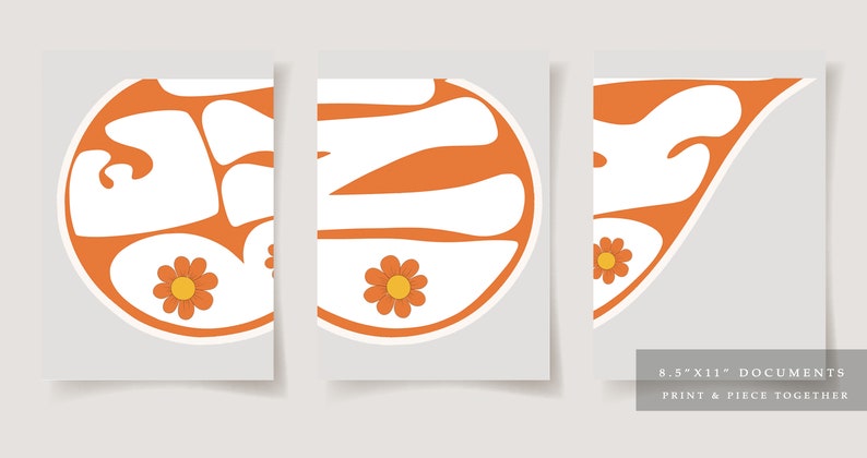 Op de afbeelding: Drie printbare documenten van 8,5" x 11" met een retro-ontwerp met het woord "JAZE" in witte letters op een oranje achtergrond. Elk document bevat een madeliefje met een gele kern en oranje bloemblaadjes.
