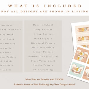 May include: A printable set of classroom posters and labels featuring a variety of themes, including "Sunny", "Cloudy", "Rainy", "100th Day of School", "First Day of School", "Happy Halloween", "No School Today", and "Missing". The posters are designed in a retro style with colorful text and illustrations.