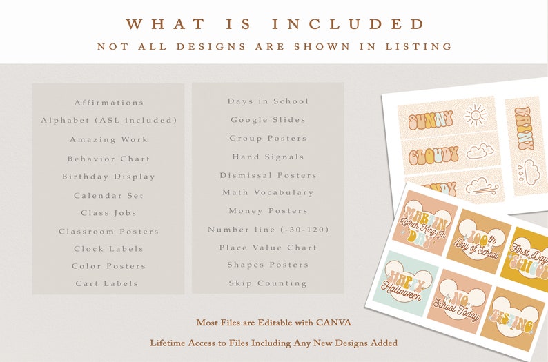 May include: A printable set of classroom posters and labels featuring a variety of themes, including "Sunny", "Cloudy", "Rainy", "100th Day of School", "First Day of School", "Happy Halloween", "No School Today", and "Missing". The posters are designed in a retro style with colorful text and illustrations.