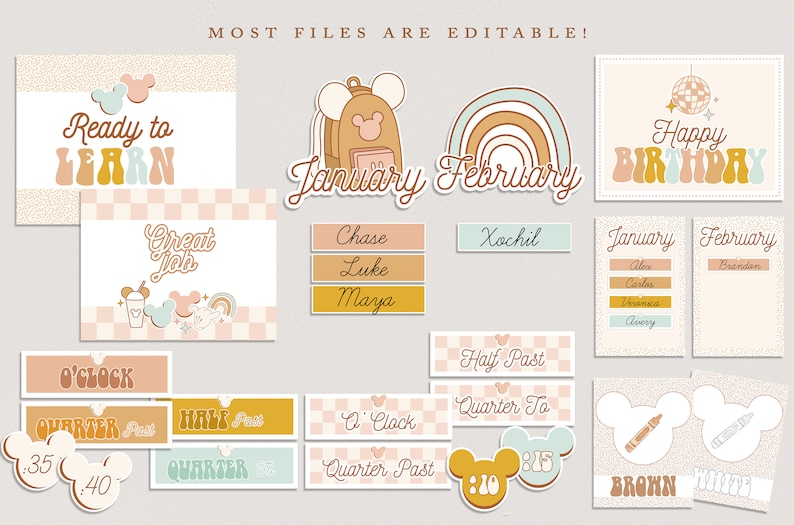 May include: A set of printable digital papers featuring a Mickey Mouse theme. The papers include a variety of designs, including a rainbow, a backpack, a birthday cake, and a clock. The papers are perfect for creating personalized party decorations, classroom materials, or scrapbook pages.