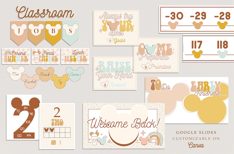 May include: A set of printable classroom decor featuring a Mickey Mouse theme. The decor includes posters with phrases like "Always try your best", "Raise your hand", and "Come prepared". There are also number charts, job cards, and a welcome back sign.