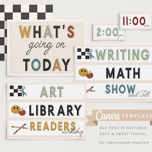 May include: A printable classroom schedule template with a light brown background. The template includes a title that says "What's going on today?" and a list of activities including "Art", "Library", "Readers Workshop", "Writing", "Math", and "Show and Tell". The template also includes a time schedule with times 2:00 pm and 11:00 am. The template is designed to be used with Canva.