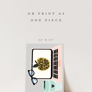 Peut inclure: Un design imprimable repr&eacute;sentant un ordinateur portable avec un &eacute;cran affichant une pomme jaune avec le texte "Back to School" en lettres noires. L'ordinateur portable est rose avec un clavier noir. Il y a aussi des lunettes et une tasse &agrave; caf&eacute; bleue avec un c&oelig;ur dessus.
