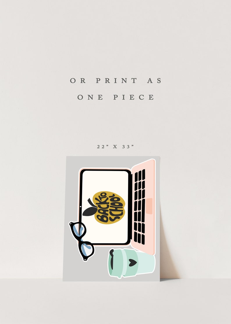 Peut inclure: Un design imprimable repr&eacute;sentant un ordinateur portable avec un &eacute;cran affichant une pomme jaune avec le texte "Back to School" en lettres noires. L'ordinateur portable est rose avec un clavier noir. Il y a aussi des lunettes et une tasse &agrave; caf&eacute; bleue avec un c&oelig;ur dessus.