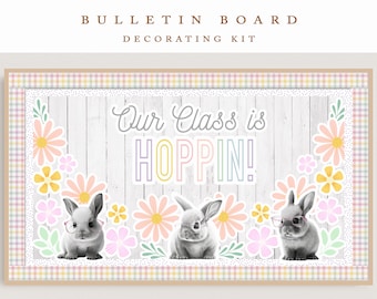 Paashaas Bulletin Board Kit, Pastel Bulletin Board Kit | Lente klas decor | Paasprikbord | Modern klaslokaaldecor | konijn