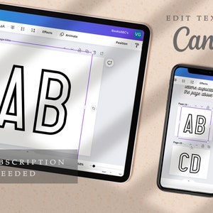 Peut inclure: Une capture d'&eacute;cran d'une tablette et d'un smartphone affichant l'application Canva. La tablette montre une conception avec les lettres "AB" en gras, en noir. Le smartphone montre une conception avec les lettres "AB" et "CD" en gras, en noir. Le texte "EDIT TEXT ON Canva" est affich&eacute; en haut de l'image.