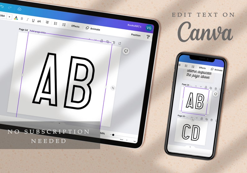 Peut inclure: Une capture d'&eacute;cran d'une tablette et d'un smartphone affichant l'application Canva. La tablette montre une conception avec les lettres "AB" en gras, en noir. Le smartphone montre une conception avec les lettres "AB" et "CD" en gras, en noir. Le texte "EDIT TEXT ON Canva" est affich&eacute; en haut de l'image.