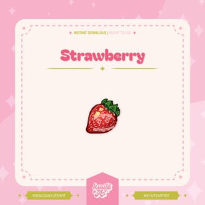 May include: A digital illustration of a red strawberry with green leaves and yellow seeds. The strawberry is on a white background with the text "Strawberry" in a retro font.