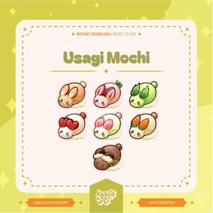 Puede incluir: Un conjunto de 7 ilustraciones digitales de mochi con forma de conejo lindo con diferentes ingredientes, que incluyen fresa, hojas verdes, zanahoria y chocolate. Las ilustraciones son de estilo de dibujos animados y son perfectas para usar en proyectos digitales.